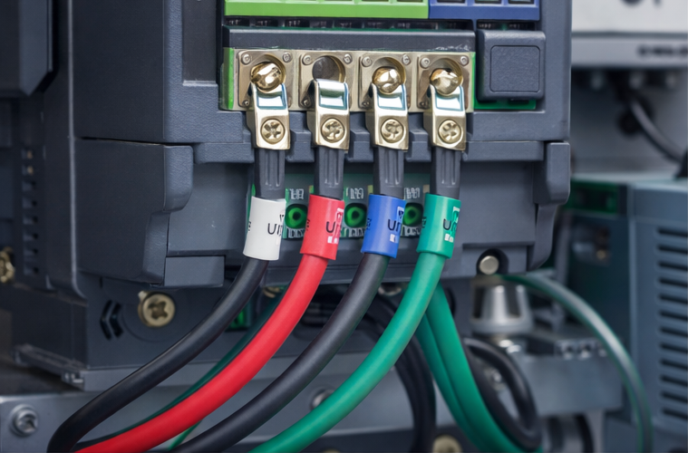 Inversor de frequência industrial com cabos elétricos conectados para controle de motores.