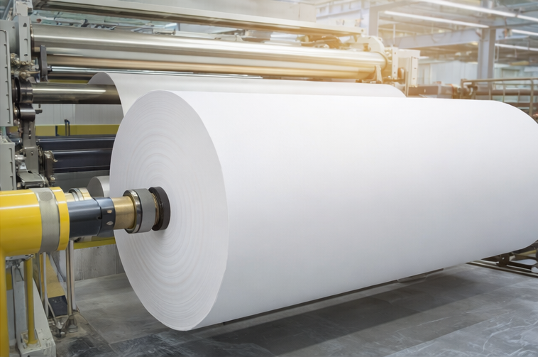 Rolo de papel industrial em linha de produção automatizada